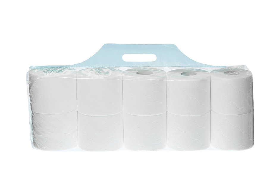 Produktfoto eines Stiftstapelbeutels (hier Toilettenpapierverpackung) durchsichtig
