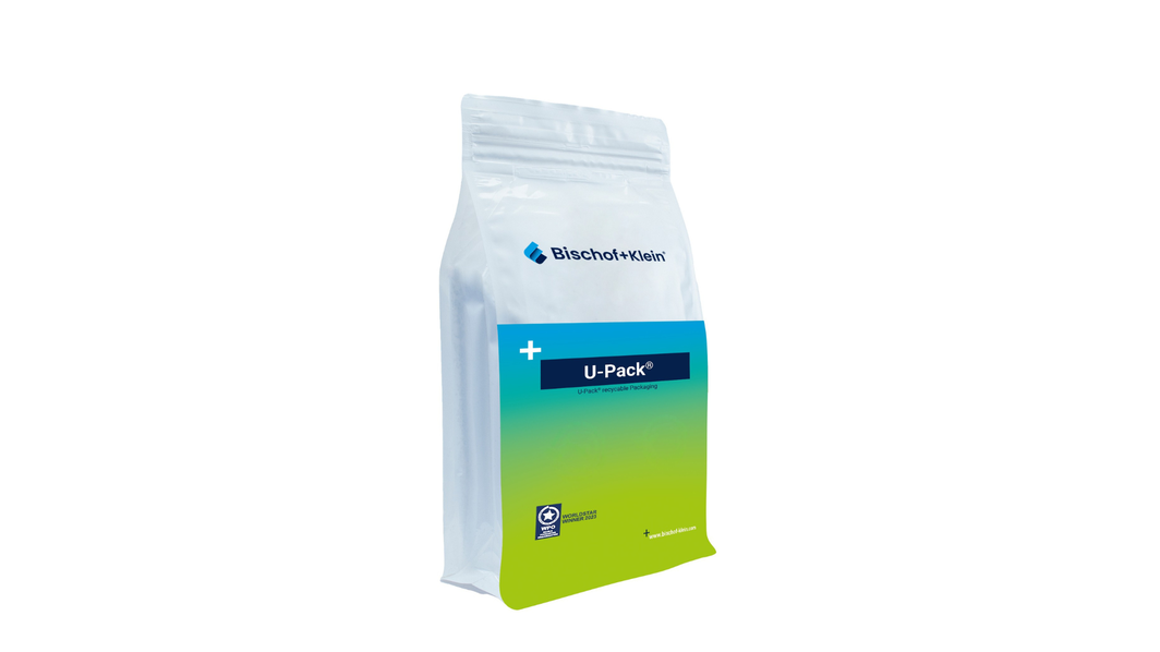Product photo of the U-Pack® in the green-and-blue Bischof+Klein design
