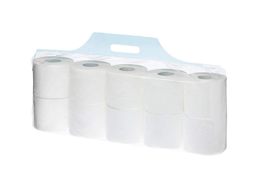Produktfoto eines Stiftstapelbeutels (hier Toilettenpapierverpackung) durchsichtig