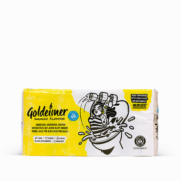 Produktfoto eines Stiftstapelbeutels (hier Toilettenpapierverpackung) und Beispiel des Kunden Goldeimer