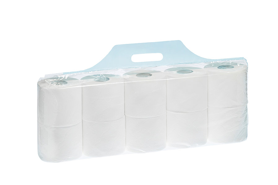 Produktfoto eines Stiftstapelbeutels (hier Toilettenpapierverpackung) durchsichtig