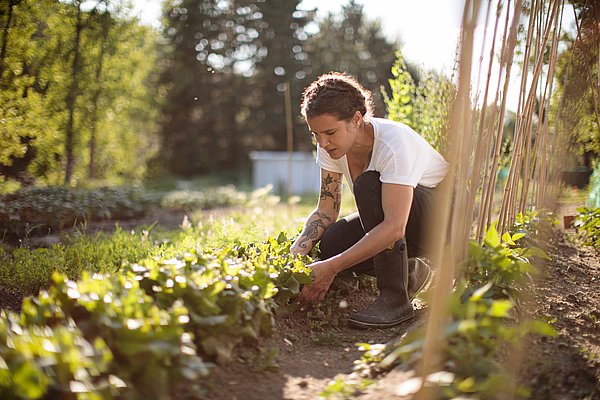 A woman in a white T-shirt and black pants is kneeling before a flower bed. She is planting flowers in the bed. 