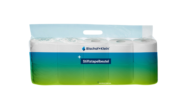Product photo of a stackable pouch (shown here as toilet paper packaging) in the green-and-blue Bischof+Klein design