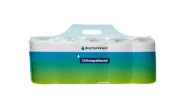 Product photo of a stackable pouch (shown here as toilet paper packaging) in the green-and-blue Bischof+Klein design