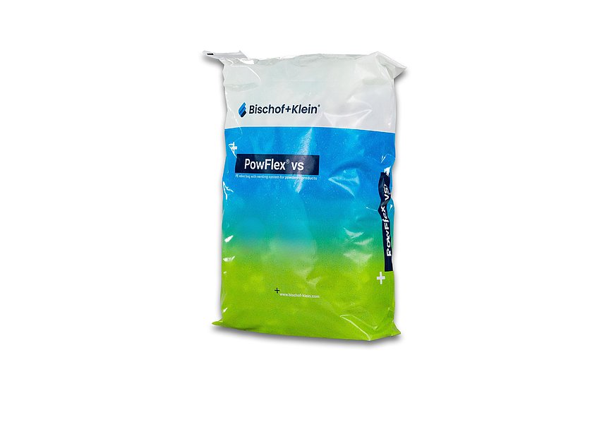 Product photo of the PowFlex® packaging in the green-and-blue Bischof+Klein design