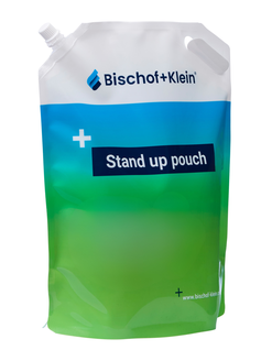 Product photo of the stand-up pouch in the green-and-blue Bischof+Klein design