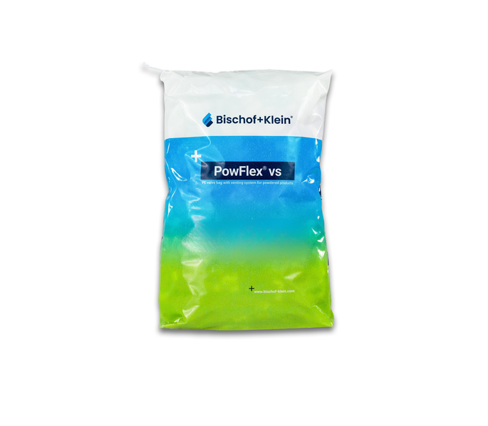 Product photo of the PowFlex® packaging in the green-and-blue Bischof+Klein design