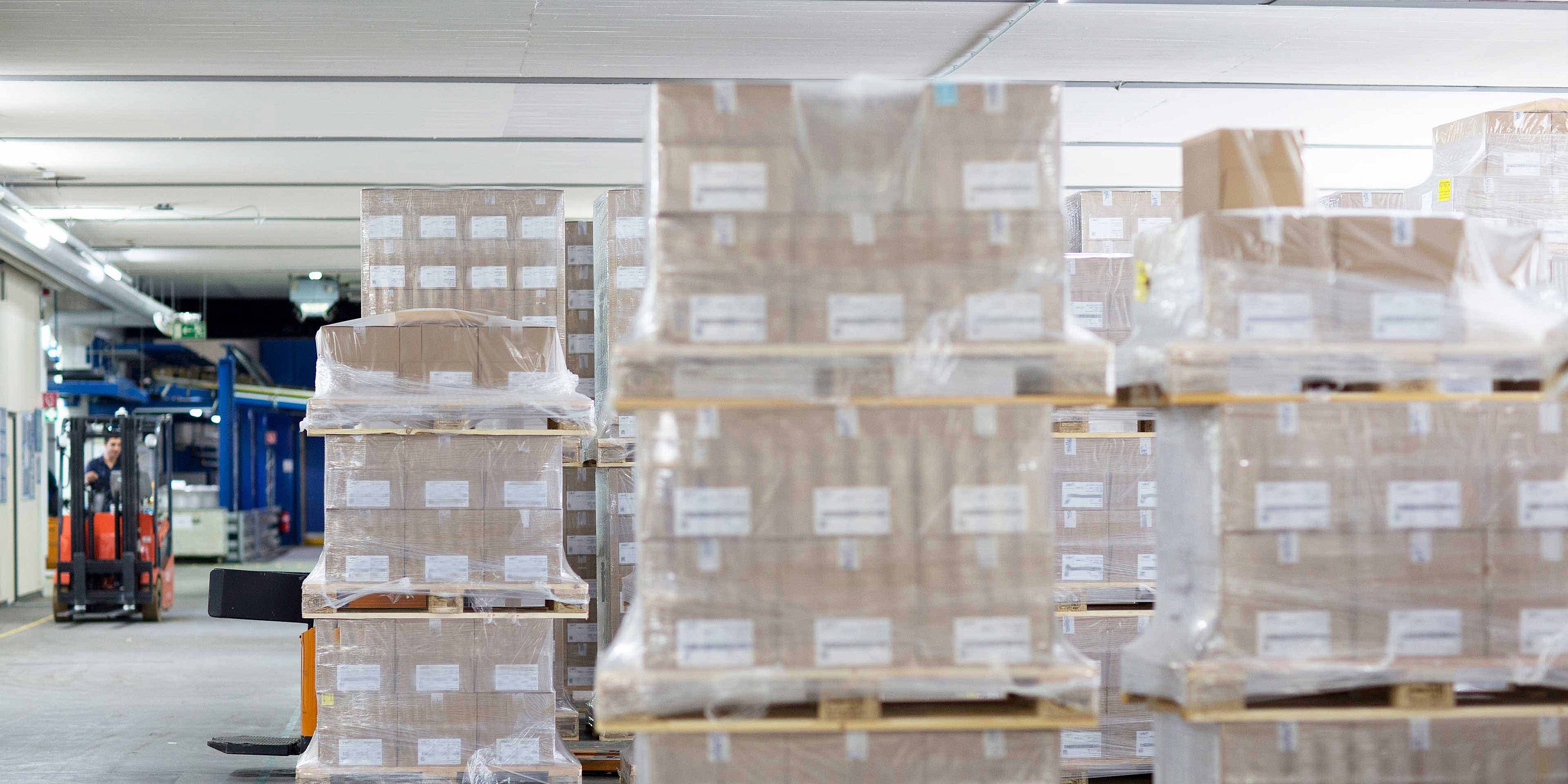 Numerous pallets are standing in a warehouse. The pallets are packaged with stretch hood film. A man on a forklift truck can be seen in the background