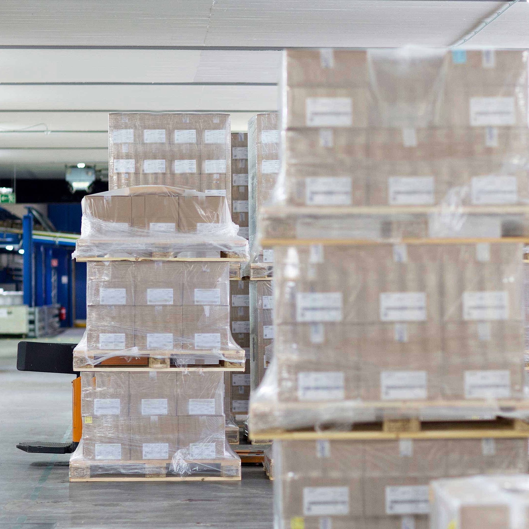 Zahlreiche Paletten stehen in einem Lager. Die Paletten sind mit einer Haubenstretchfolie verpackt. Im Hintergrund ist ein Mann auf einem Gabelstapler zu sehen