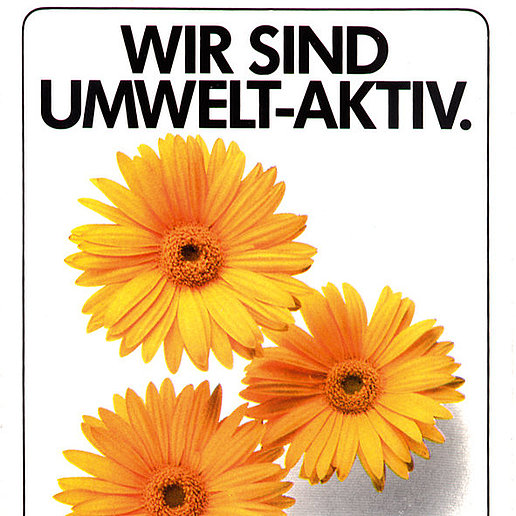 The picture shows a poster with a white background and the text "We are environmentally active" in black lettering. It also shows three orange-colored flowers
