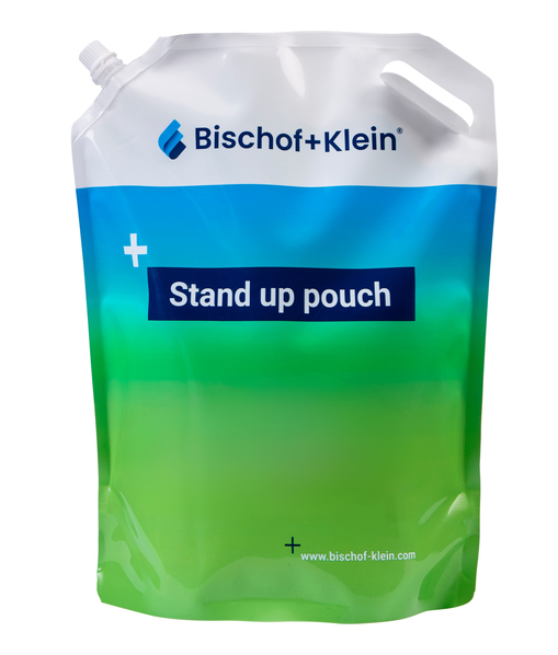 Zdjęcie produktu przedstawiające stojącą torebkę w zielono-niebieskiej kolorystyce marki Bischof+Klein