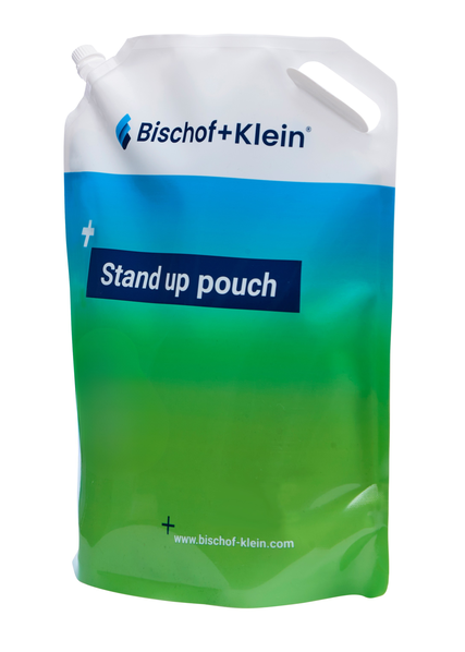 Zdjęcie produktu przedstawiające stojącą torebkę w zielono-niebieskiej kolorystyce marki Bischof+Klein