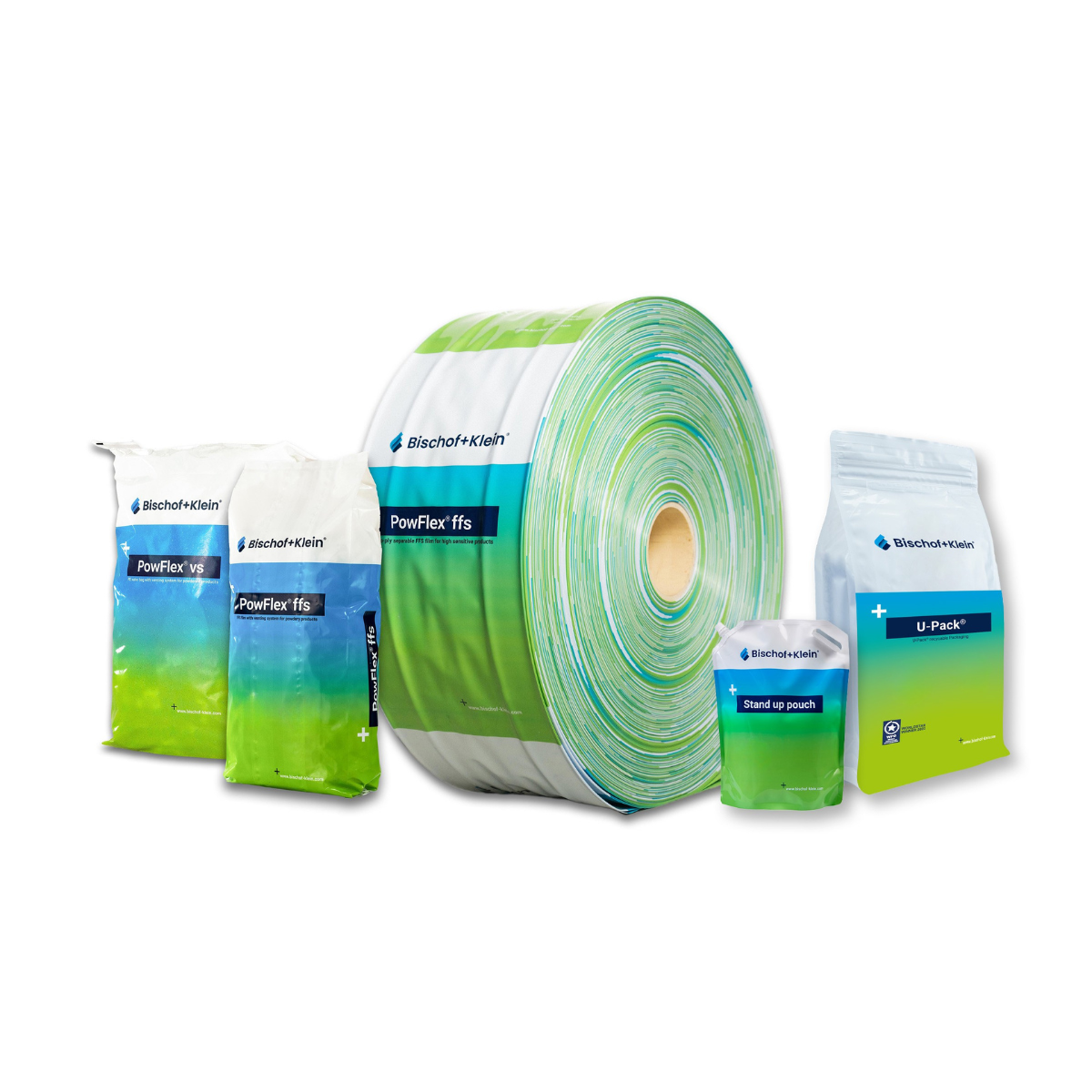 Verschiedene Verpackungslösungen in einem grün-blauen Design von Bischof+Klein, z.B. PowFlex und U-Pack